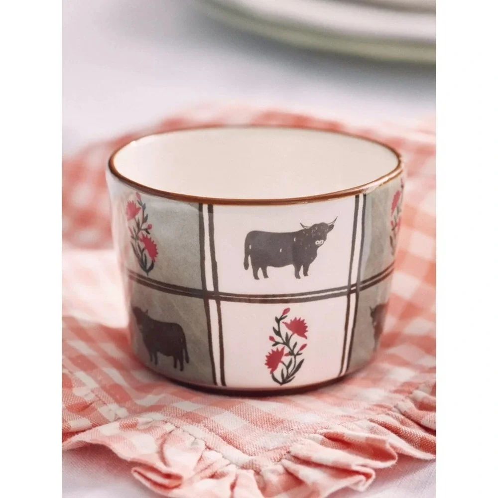Anthropologie Millie Berry Basket Bowl Cow Bull Green Refrigerator Farmhouse